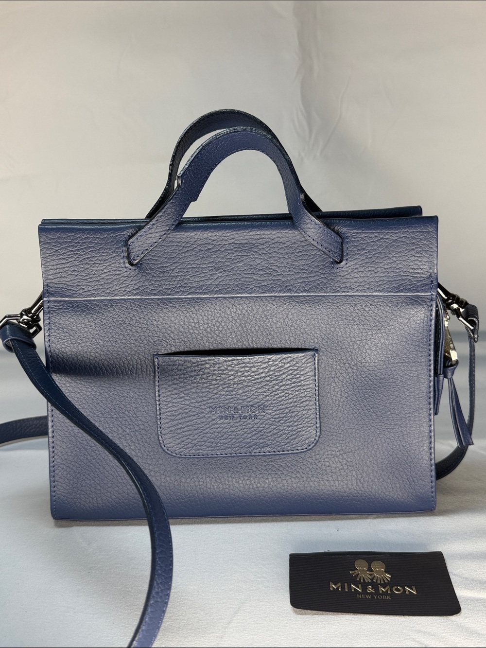 Min & Mon New York Vali Crossbody Navy Blue Pebbled Leather Top-Handle Satchel - Picture 2 of 10